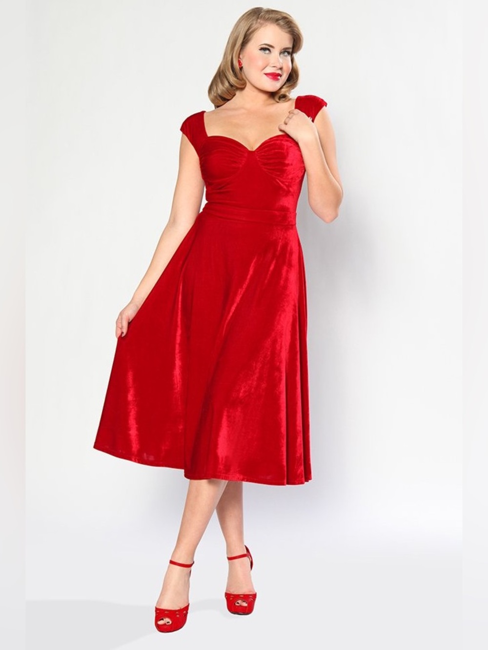Bettie Page Bettie on Holiday Red Velvet Retro Inspired Cap Sleeve Midi Dress S